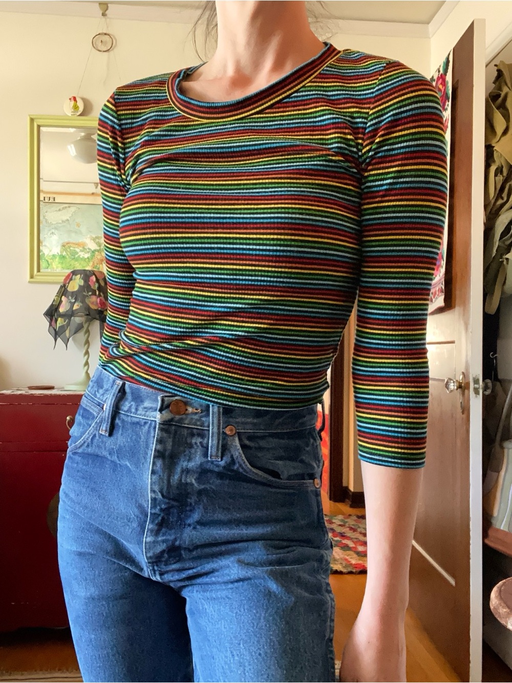 Vintage 90s Striped Rainbow Ribbed Crop Top - Multicolor